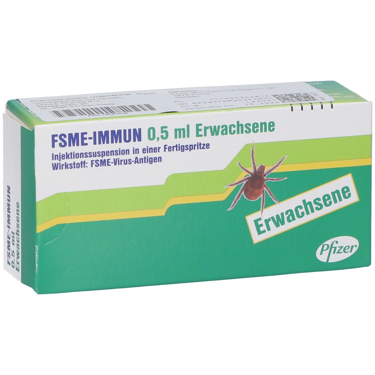 Schachtel mit FSME-IMMUN 0,5 ml Erwachsene. Grüne und weiße Verpackung mit Text und Zecke-Illustration.