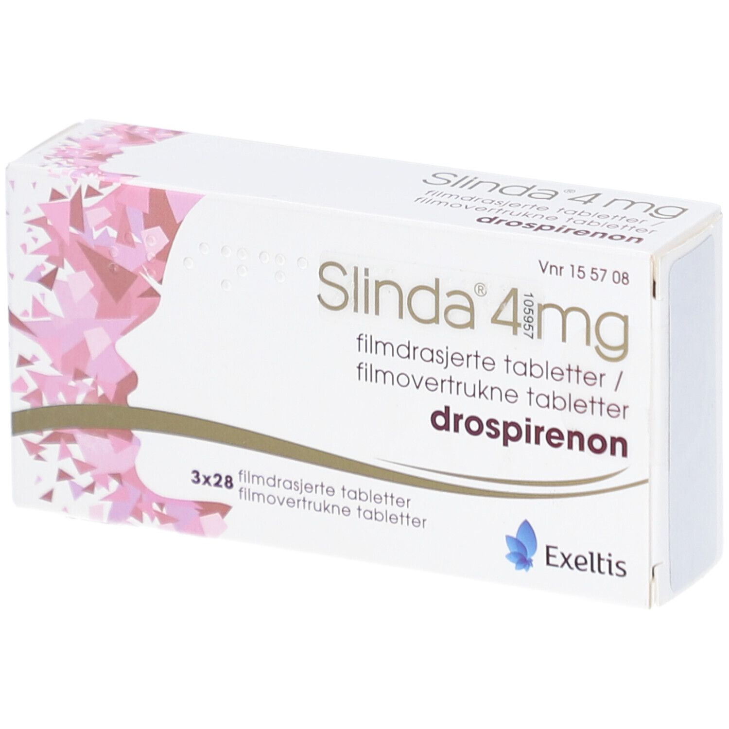 Weiße Schachtel mit SLINDA 4 mg, 3x28 Filmtabletten. Rosa Muster. Exeltis Logo. Text in Deutsch, Norwegisch.