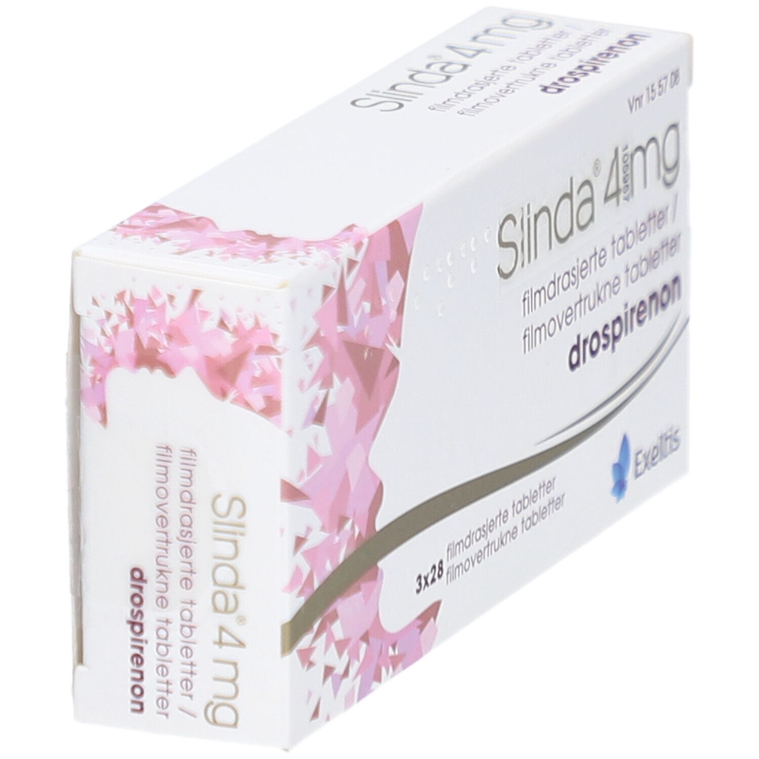 Schachtel SLINDA 4 mg, weiß mit rosa Muster. Text in Deutsch, Norwegisch. Exeltis Logo. Schräge Ansicht.