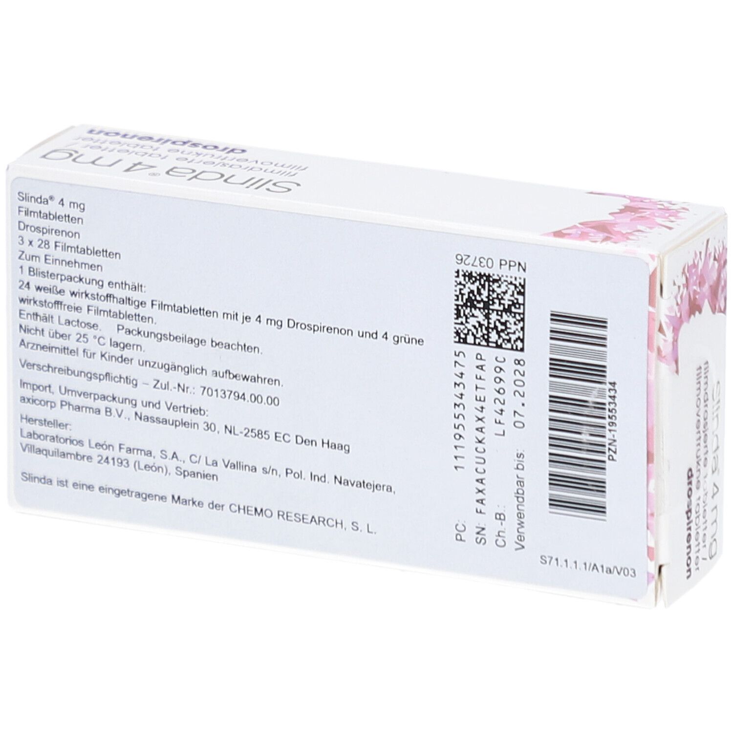 Rückseite der SLINDA 4 mg Schachtel. Text in Deutsch. QR-Code und Chargennummer. Herstellerinformationen.