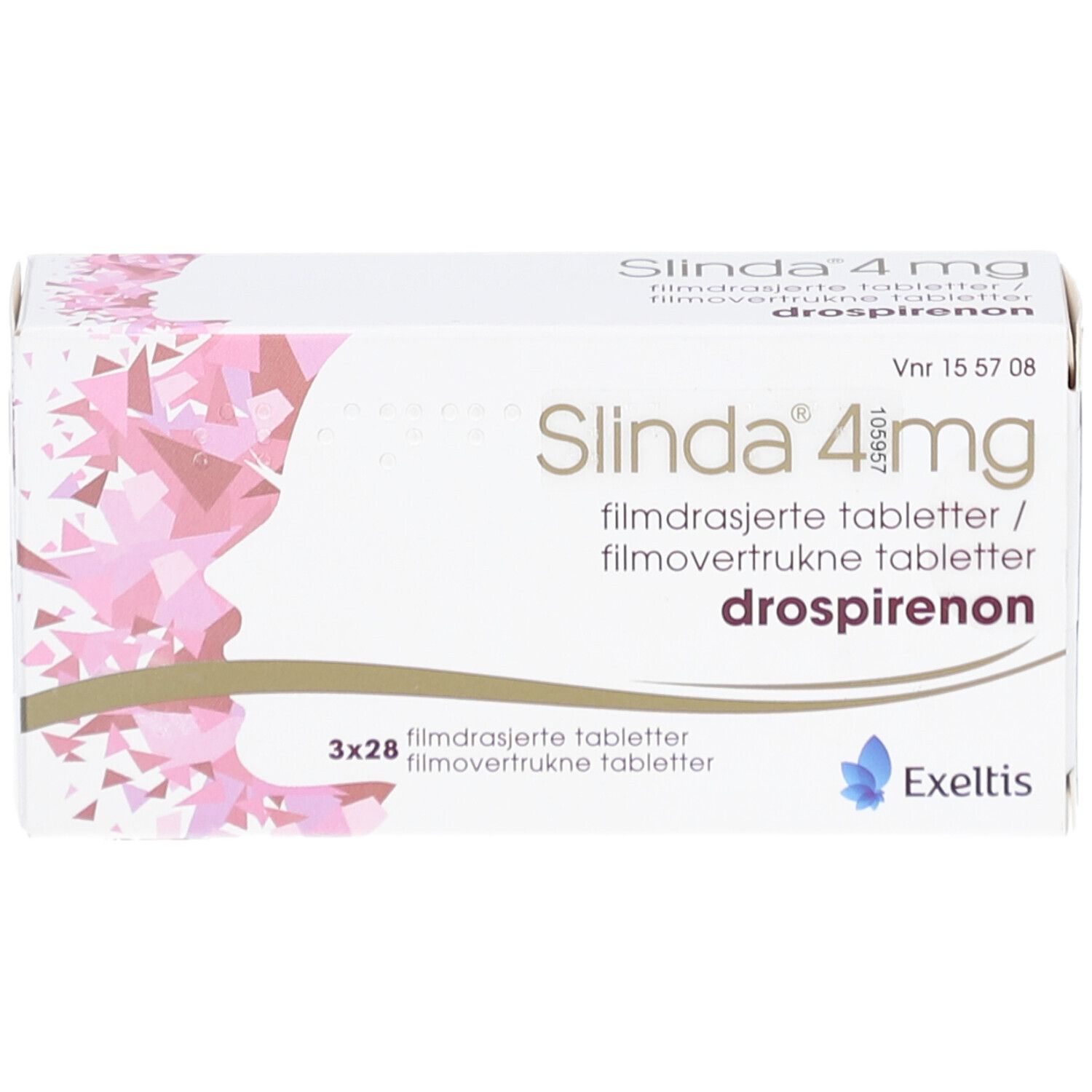 Weiße Schachtel SLINDA 4 mg, 3x28 Filmtabletten. Rosa Muster. Exeltis Logo. Text in Deutsch, Norwegisch.