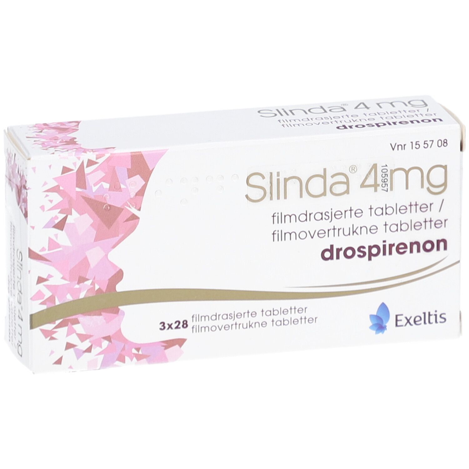 Weiße Schachtel SLINDA 4 mg, 3x28 Filmtabletten. Rosa Muster. Exeltis Logo. Text in Deutsch, Norwegisch.