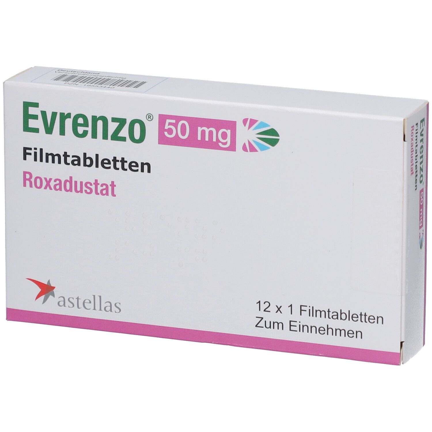 Schachtel mit EVRENZO 50 mg Filmtabletten. Aufschrift: Roxadustat, 12 Tabletten. Astellas-Logo.