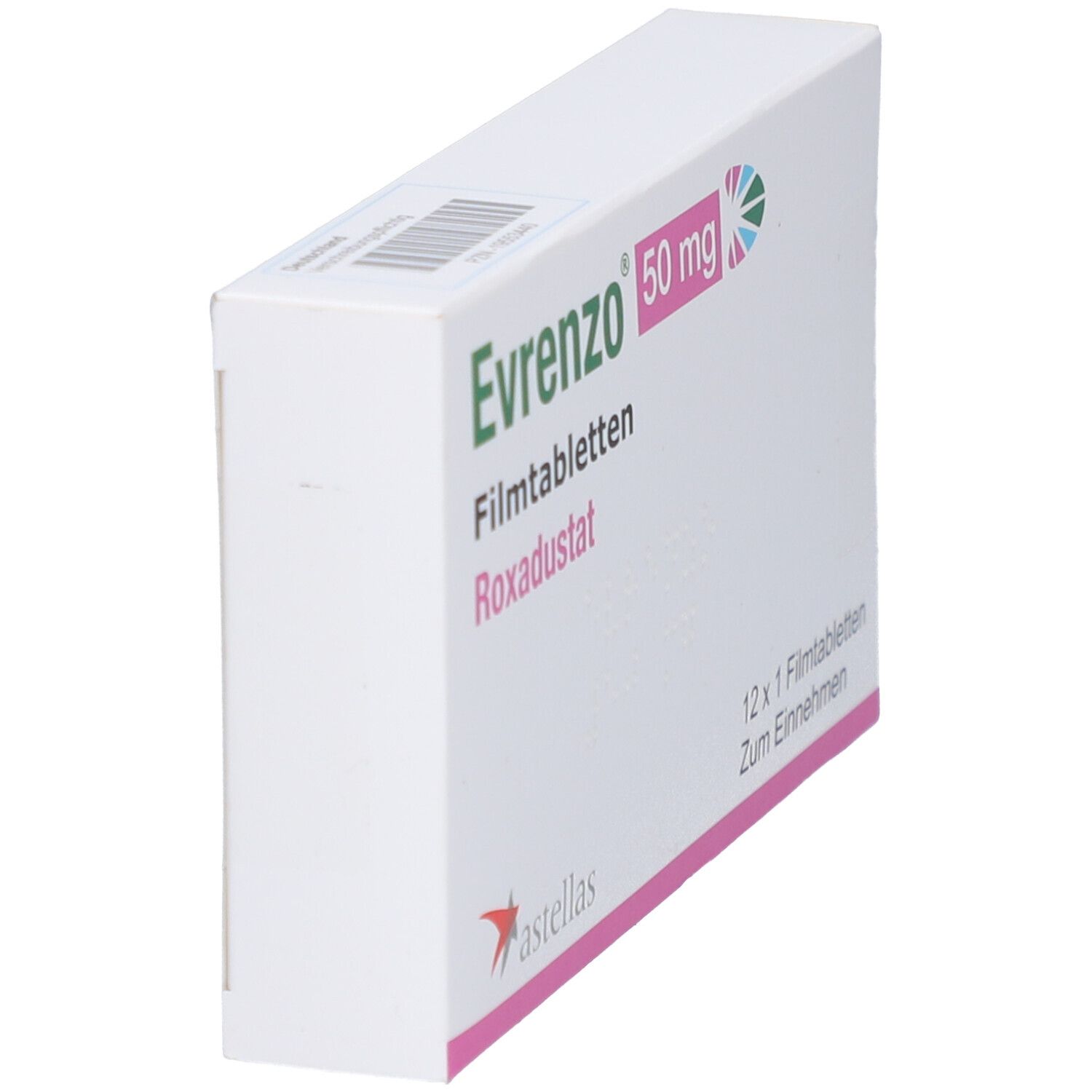 Schachtel EVRENZO 50 mg Filmtabletten, Seitenansicht. Aufschrift: Roxadustat, 12 Tabletten. Astellas-Logo.