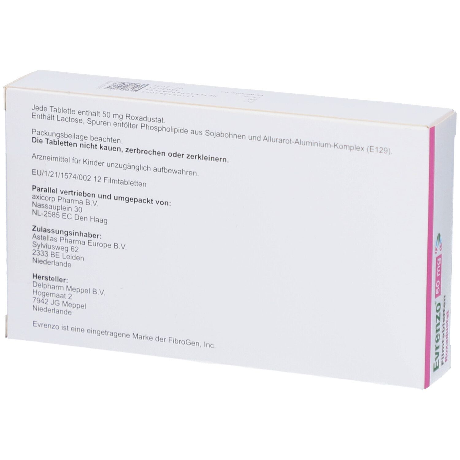 Rückseite der EVRENZO 50 mg Filmtabletten-Schachtel. Text: Inhaltsstoffe, Dosierung, Herstellerinformationen, Zulassungsnummer.