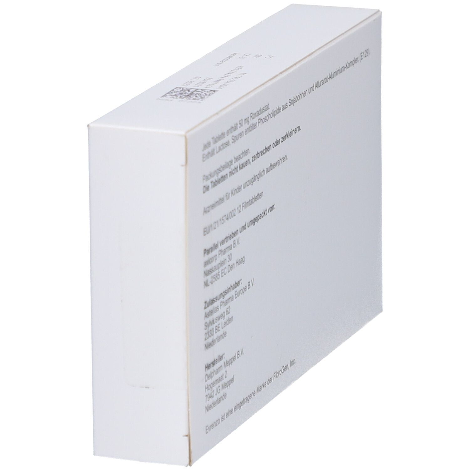 Seitenansicht der EVRENZO 50 mg Filmtabletten-Schachtel. Text: Inhaltsstoffe, Dosierung, Herstellerinformationen, Zulassungsnummer.