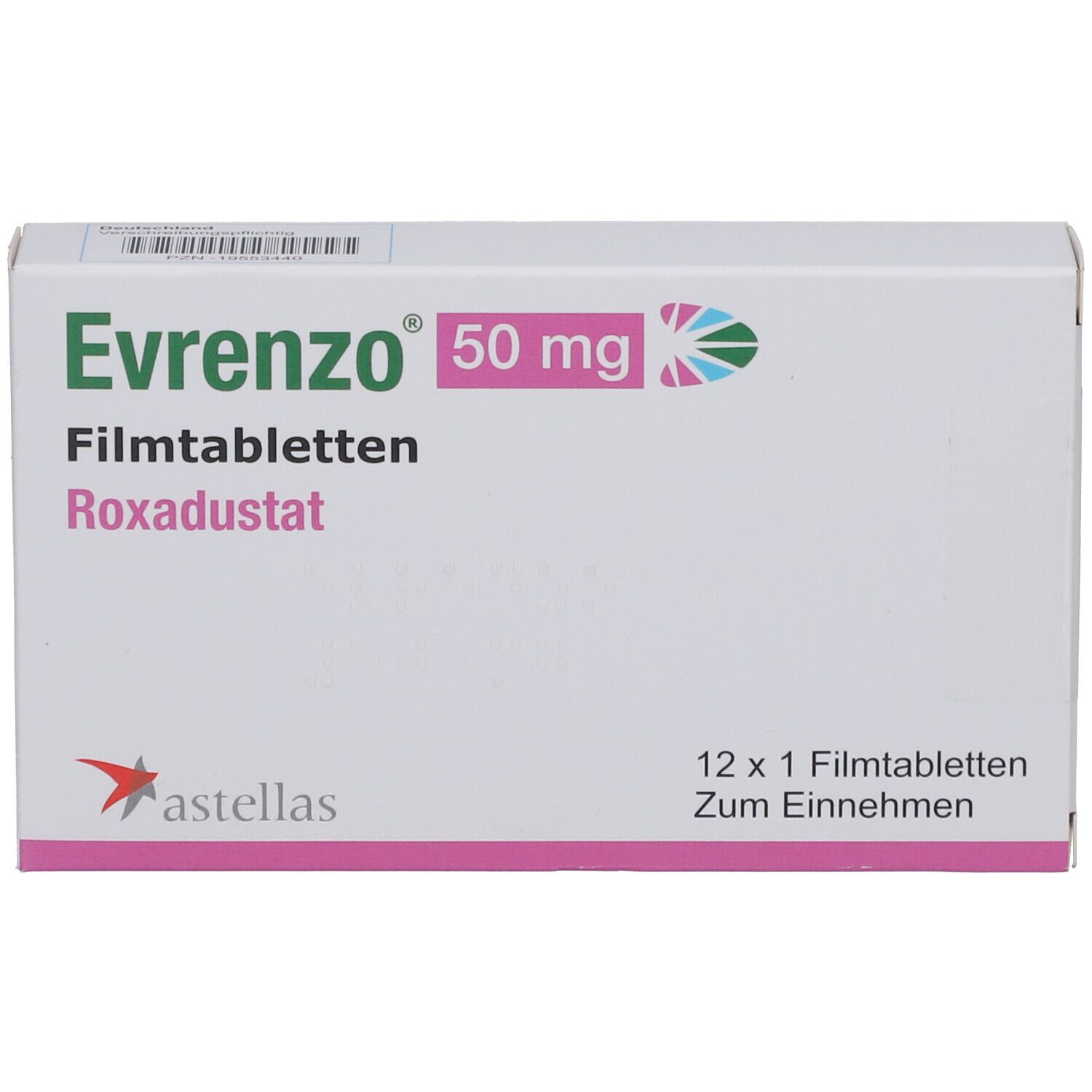 Schachtel mit EVRENZO 50 mg Filmtabletten. Aufschrift: Roxadustat, 12 Tabletten. Astellas-Logo.