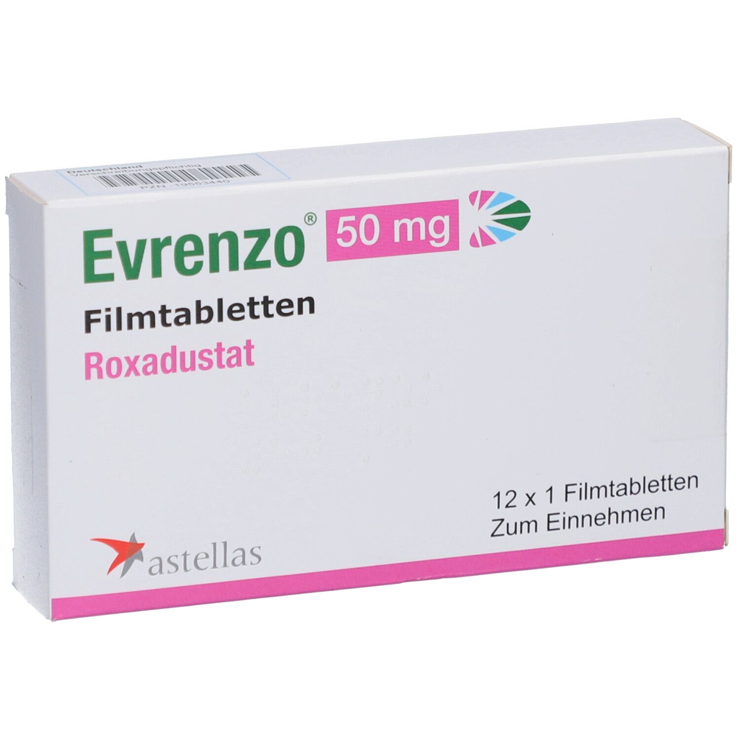Schachtel mit EVRENZO 50 mg Filmtabletten. Aufschrift: Roxadustat, 12 Tabletten. Astellas-Logo.