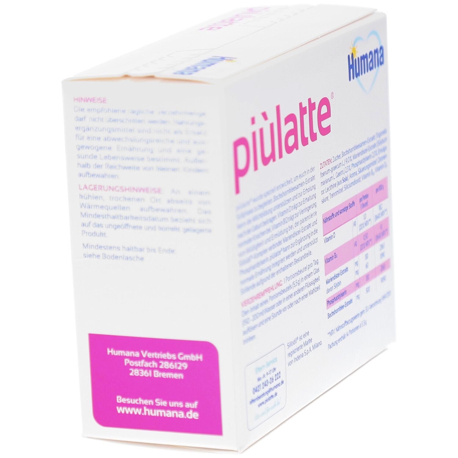 Weiße Packung, schräg. Aufschrift: piulatte, Humana. Text und Nährwerttabelle. Adresse des Herstellers. Informationen zur Lagerung.