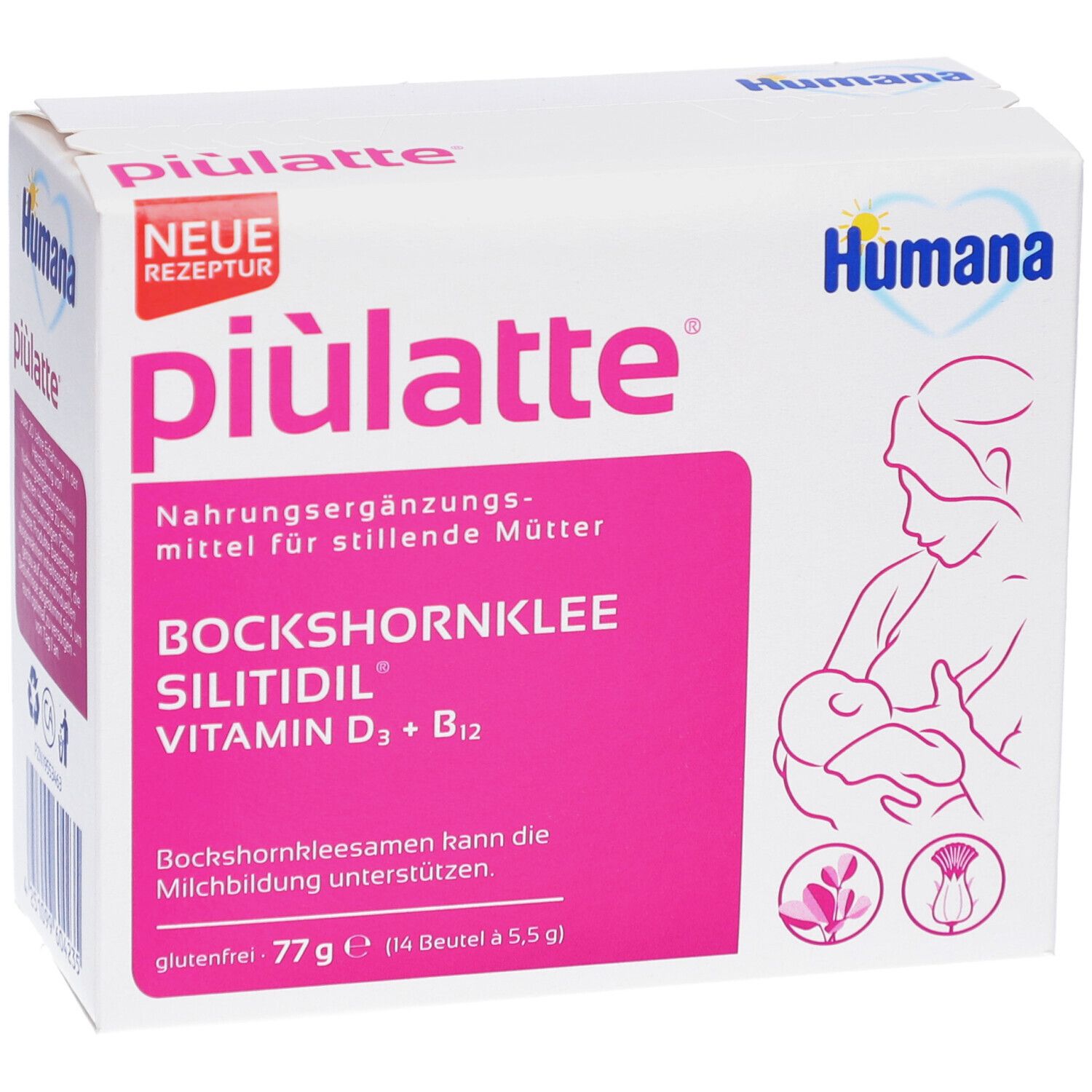 Weiße Packung mit rosa Akzenten. Aufschrift: piulatte, Humana. Enthält Bockshornklee, Siliditil, Vitamin D3 + B12. Illustration einer stillenden Mutter.
