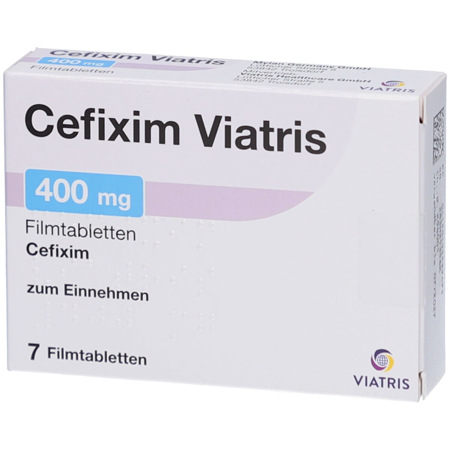 Schachtel mit CEFIXIM Viatris 400 mg Filmtabletten. Aufschrift: 400 mg, 7 Filmtabletten. Viatris Logo.