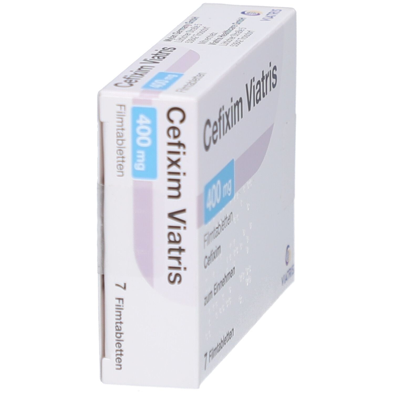 Seitenansicht der Schachtel CEFIXIM Viatris 400 mg Filmtabletten. Aufschrift: 400 mg, 7 Filmtabletten.