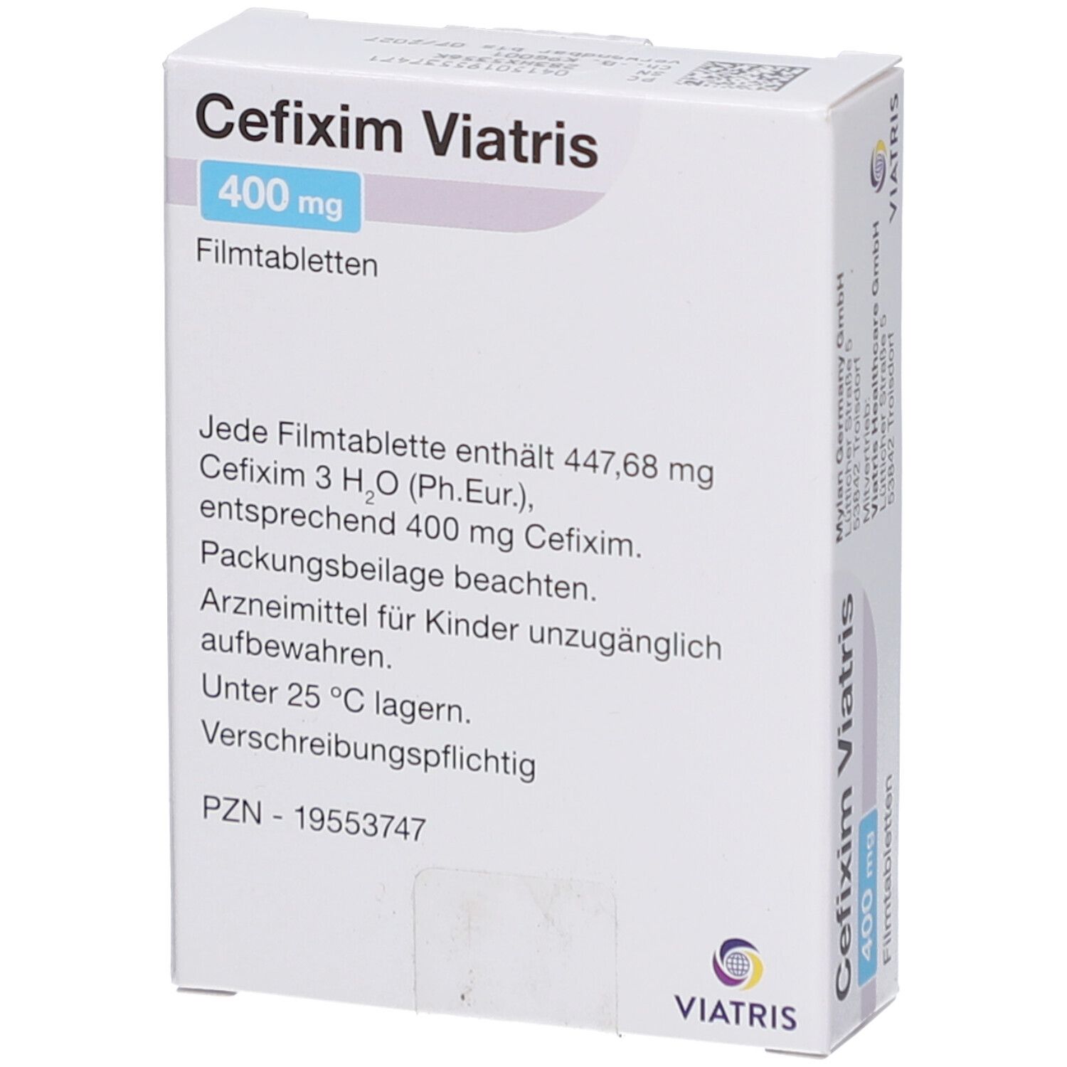 Schachtel CEFIXIM Viatris 400 mg Filmtabletten. Text: 400 mg, 7 Filmtabletten. Enthält Cefixim. Viatris Logo.