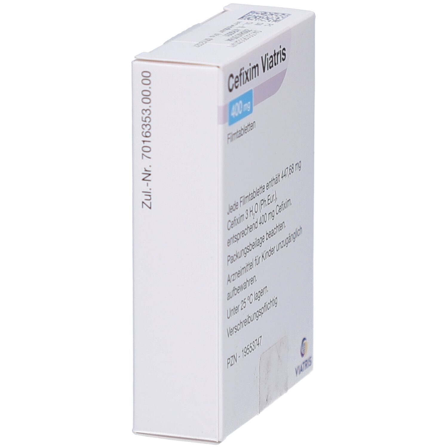 Seitenansicht der Schachtel CEFIXIM Viatris 400 mg Filmtabletten. Zul.-Nr. 7016353.00.00. Text.