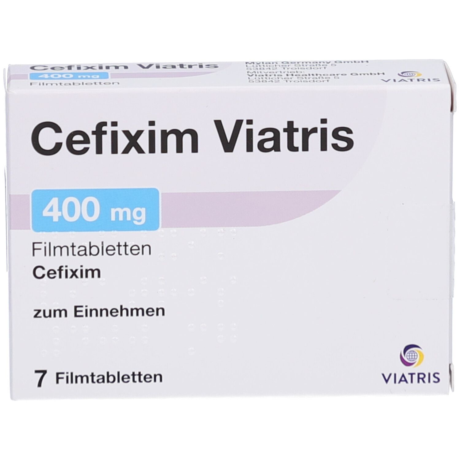 Schachtel CEFIXIM Viatris 400 mg Filmtabletten. Aufschrift: 400 mg, 7 Filmtabletten. Viatris Logo.