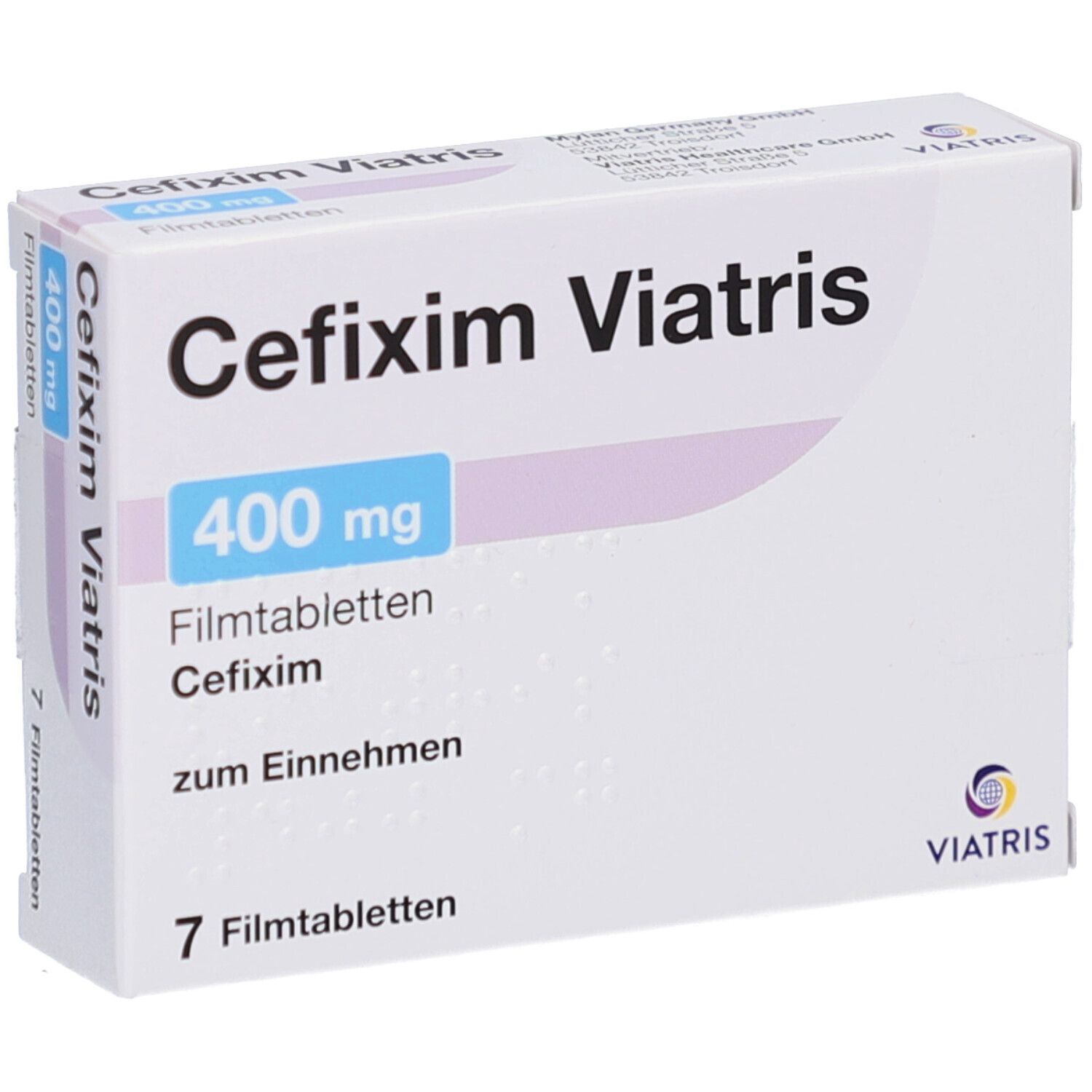 Schachtel CEFIXIM Viatris 400 mg Filmtabletten. Aufschrift: 400 mg, 7 Filmtabletten. Viatris Logo.