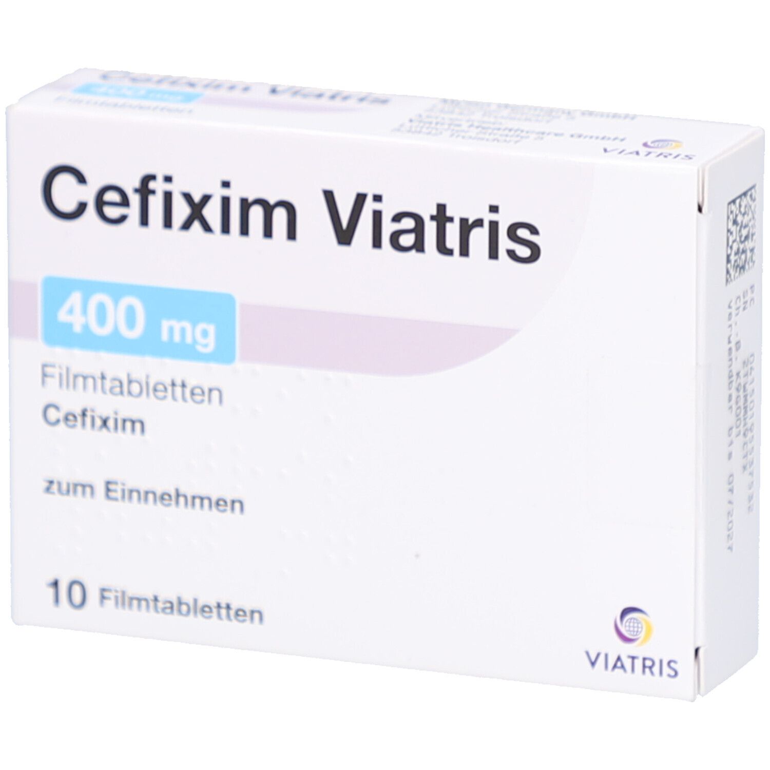 Schachtel mit CEFIXIM Viatris 400 mg Filmtabletten. Aufschrift: 400 mg, 10 Filmtabletten. Viatris Logo.