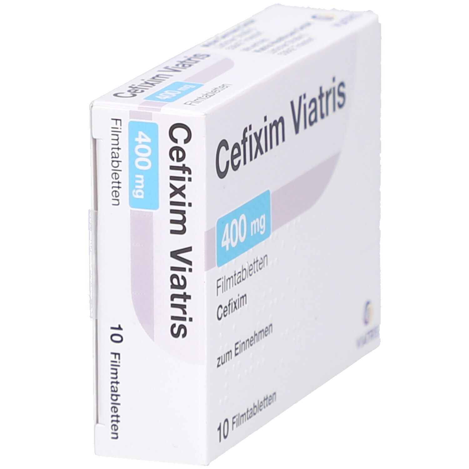 Schachtel CEFIXIM Viatris 400 mg Filmtabletten. Aufschrift: 400 mg, 10 Filmtabletten. Viatris Logo. Seitenansicht.