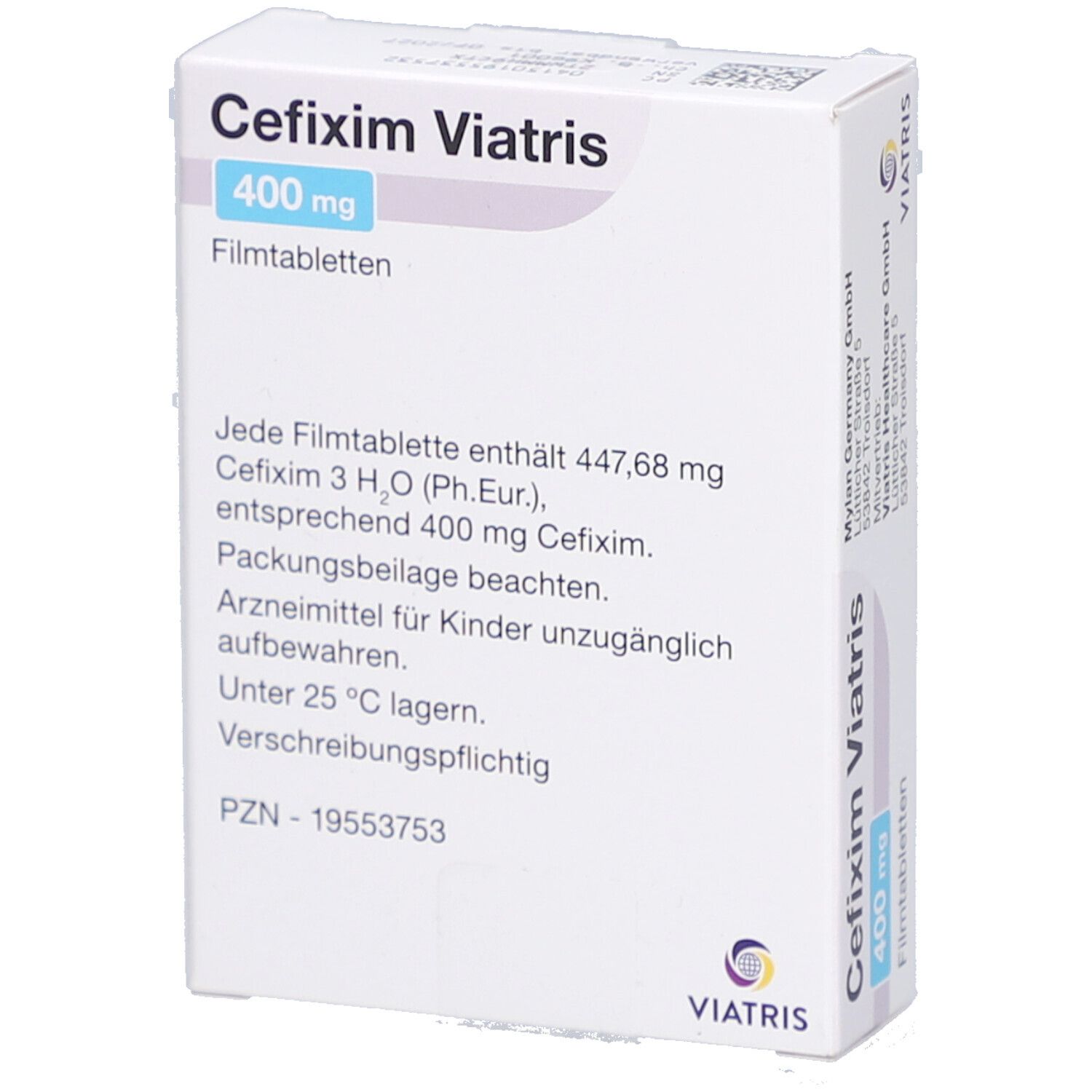 Rückseite der Schachtel CEFIXIM Viatris. Text: 400 mg, Filmtabletten, Cefixim. Weitere Informationen und Viatris Logo.