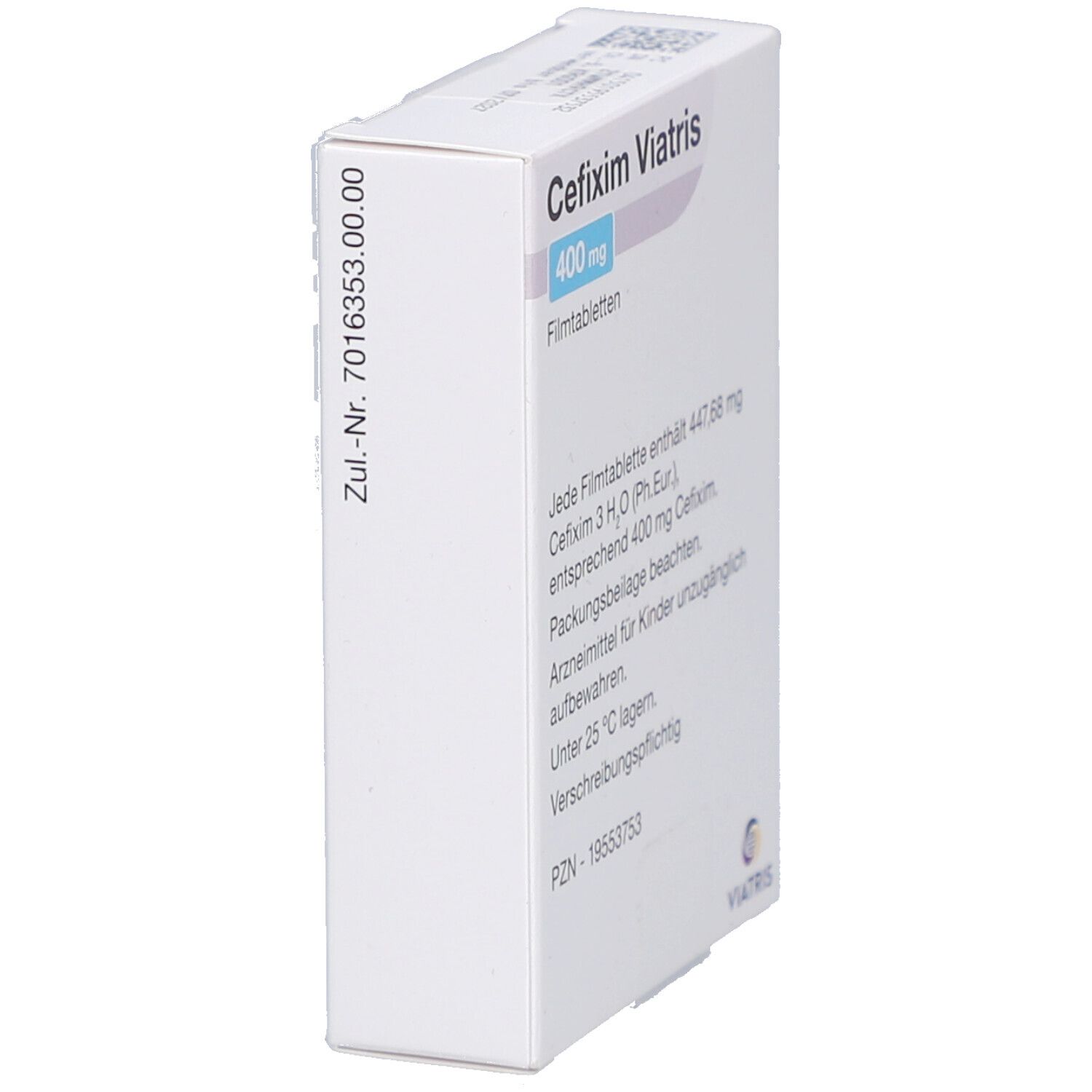 Seitenansicht der Schachtel CEFIXIM Viatris. Text: 400 mg, Filmtabletten, Cefixim. Zul.-Nr. und PZN.