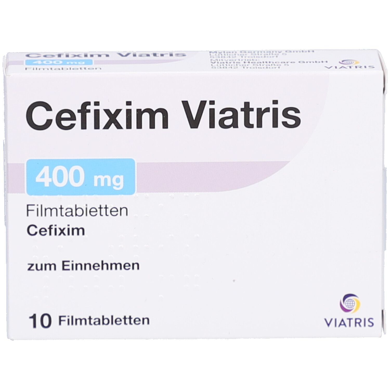 Schachtel CEFIXIM Viatris 400 mg Filmtabletten. Aufschrift: 400 mg, 10 Filmtabletten. Viatris Logo.