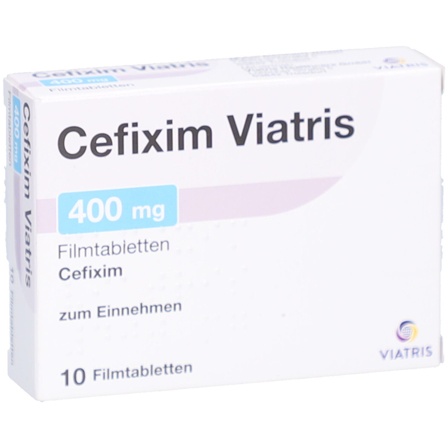 Schachtel CEFIXIM Viatris 400 mg Filmtabletten. Aufschrift: 400 mg, 10 Filmtabletten. Viatris Logo.