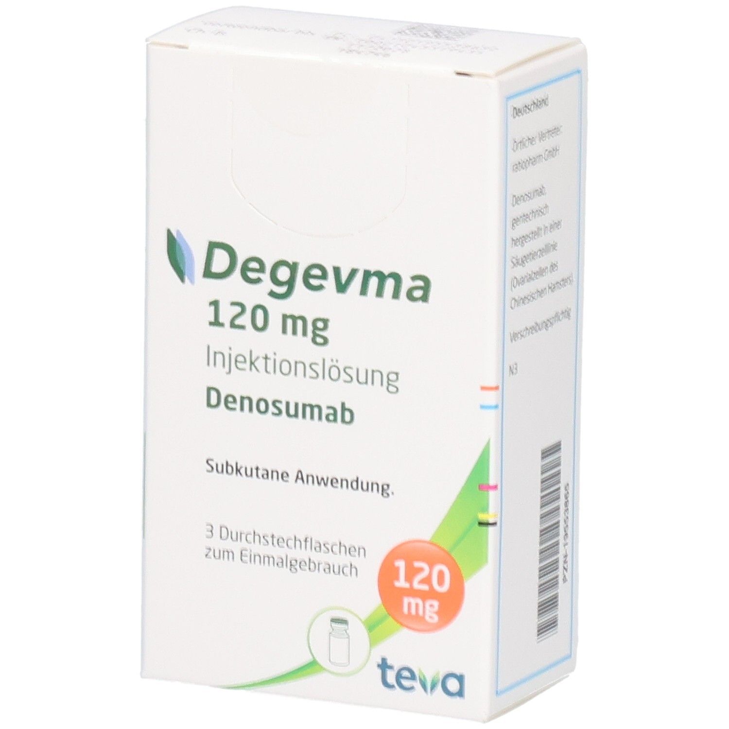 Weiße Faltschachtel mit Produktnamen Degevma 120 mg. Enthält 3 Durchstechflaschen. Teva-Logo unten rechts.