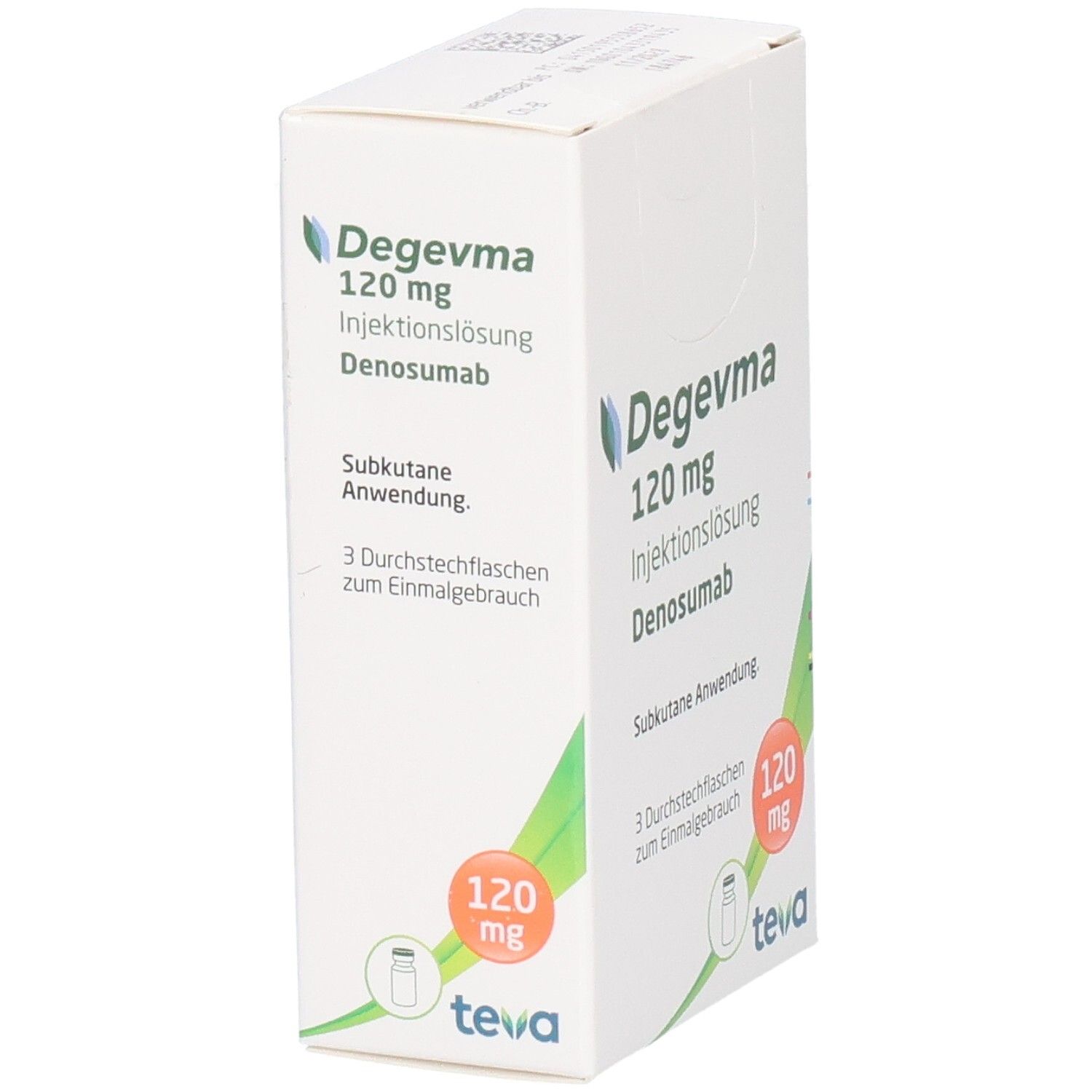 Schräg gestellte weiße Faltschachtel mit Degevma 120 mg. 3 Durchstechflaschen. Teva-Logo.