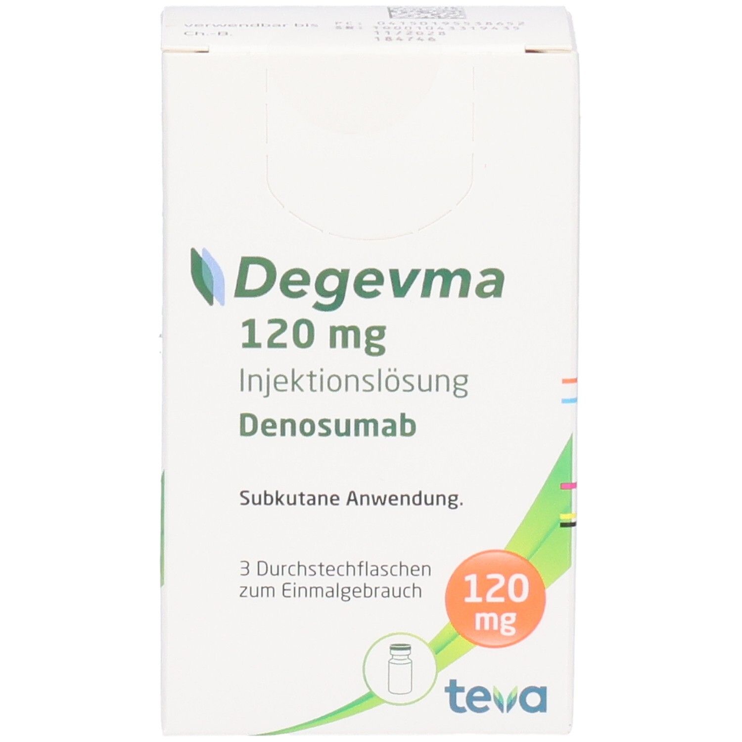 Weiße Faltschachtel mit Degevma 120 mg. 3 Durchstechflaschen. Teva-Logo unten rechts.