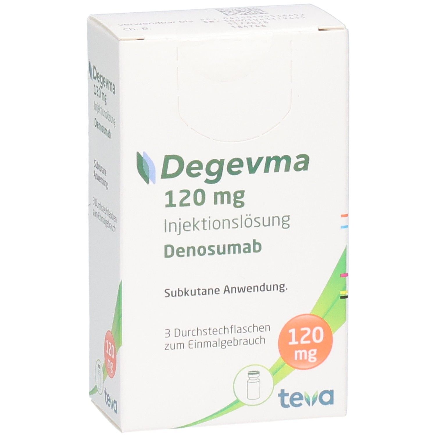 Weiße Faltschachtel mit Degevma 120 mg. 3 Durchstechflaschen. Teva-Logo.