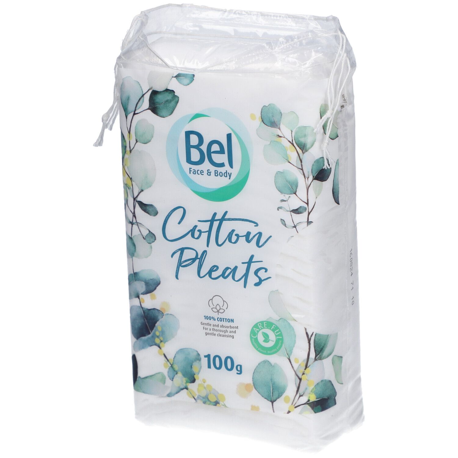 Verpackung mit Wattepads. Marke Bel, Aufschrift 'Cotton Pleats'. 100% Baumwolle. 100g.