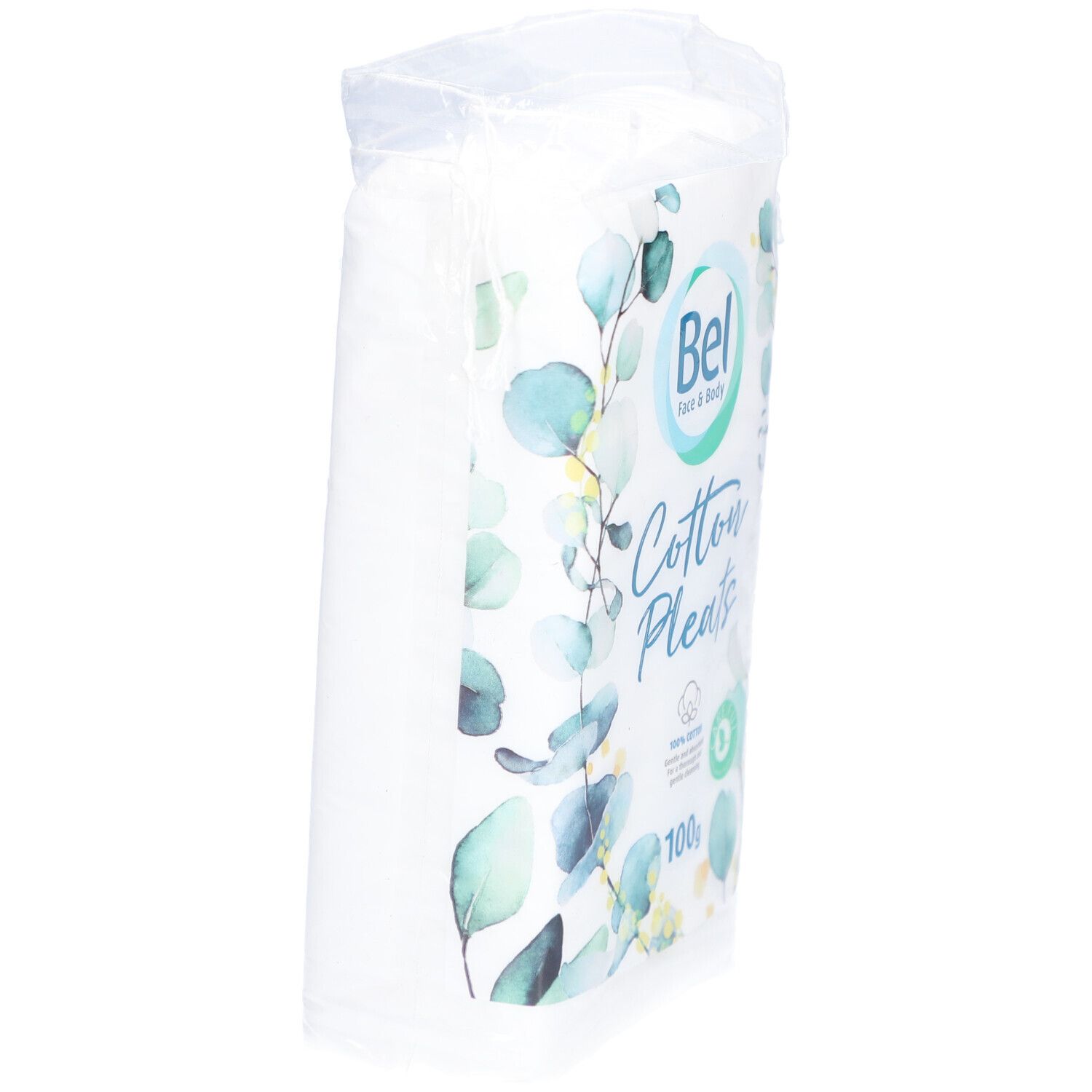 Wattepads in Folienverpackung. Marke Bel, Aufschrift 'Cotton Pleats'. 100% Baumwolle.