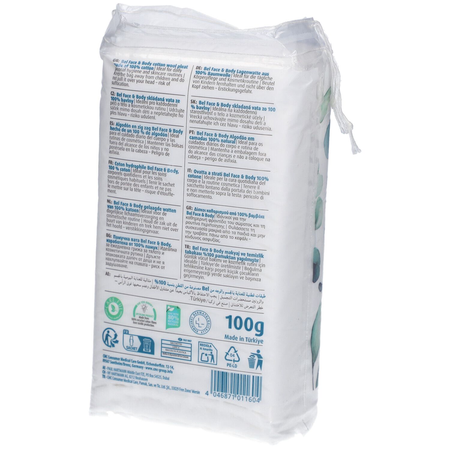 Rückseite der Wattepad-Verpackung. Marke Bel, 100% Baumwolle. Text in mehreren Sprachen. 100g.