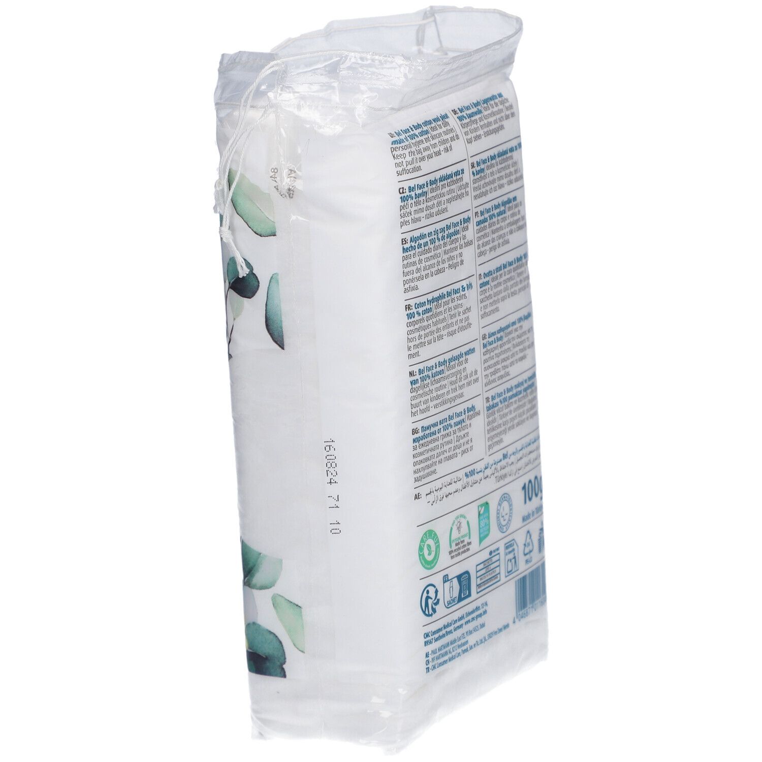 Wattepad-Verpackung, schräg. Marke Bel, Aufschrift 'Cotton Pleats'. 100% Baumwolle. 100g.