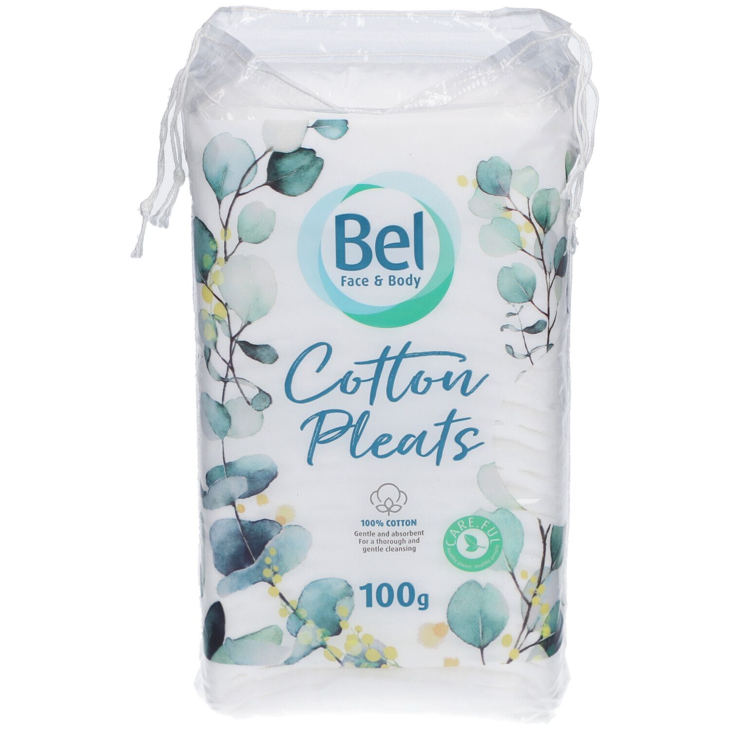 Wattepads in Verpackung. Marke Bel, Aufschrift 'Cotton Pleats'. 100% Baumwolle. 100g.
