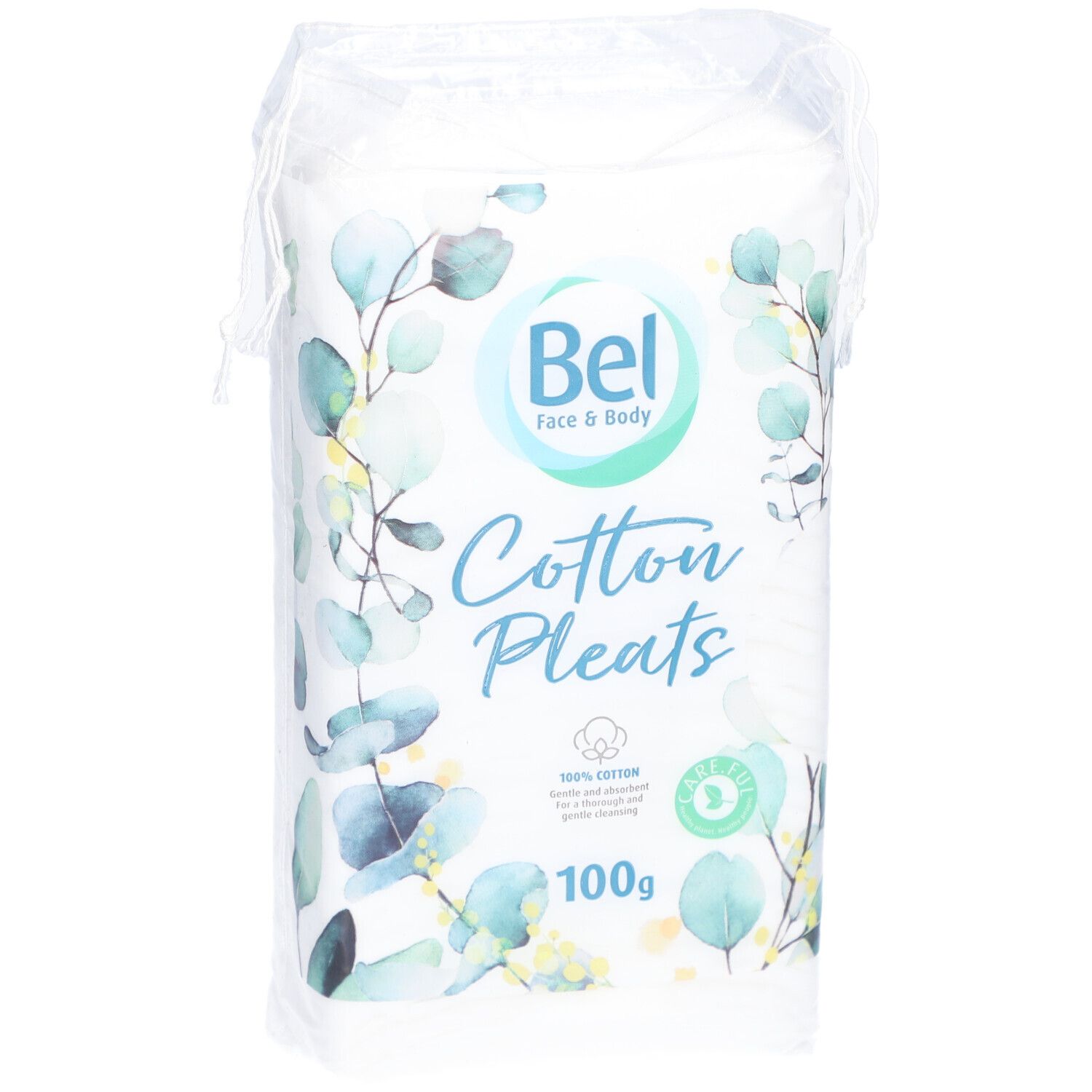 Wattepads in Verpackung. Marke Bel, Aufschrift 'Cotton Pleats'. 100% Baumwolle. 100g.