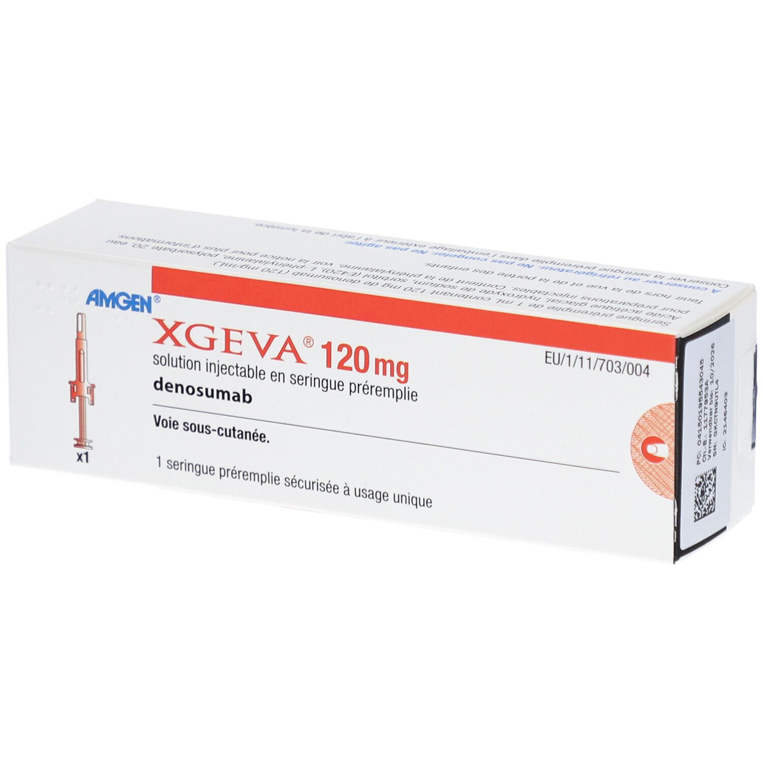 Weiße Schachtel mit roter Schrift. Aufschrift: XGEVA 120 mg, Lösung zur Injektion. Eine Fertigspritze. Hersteller: Amgen.