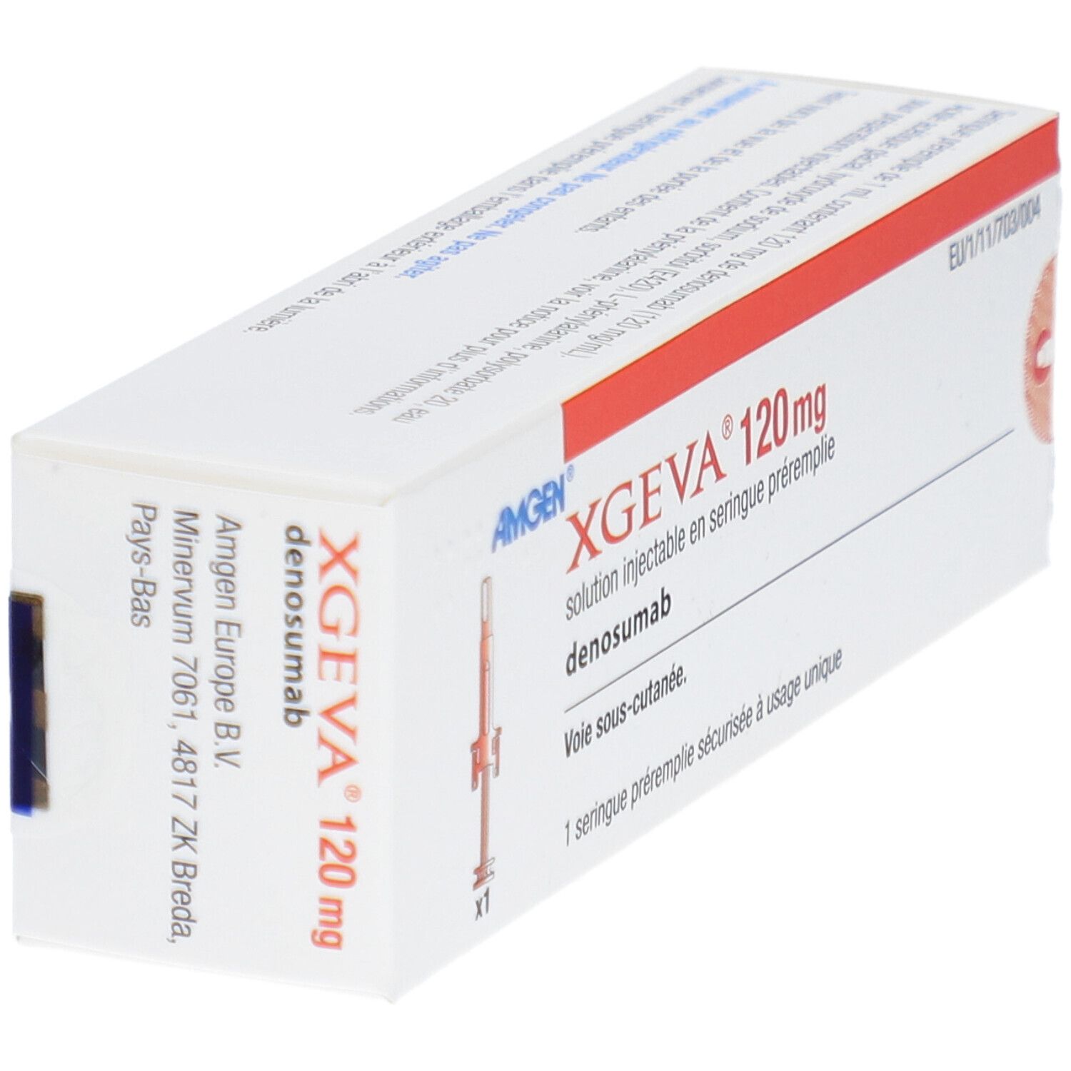 Weiße Schachtel mit roter Schrift. Aufschrift: XGEVA 120 mg, Lösung zur Injektion. Hersteller: Amgen. Adresse: Niederlande.