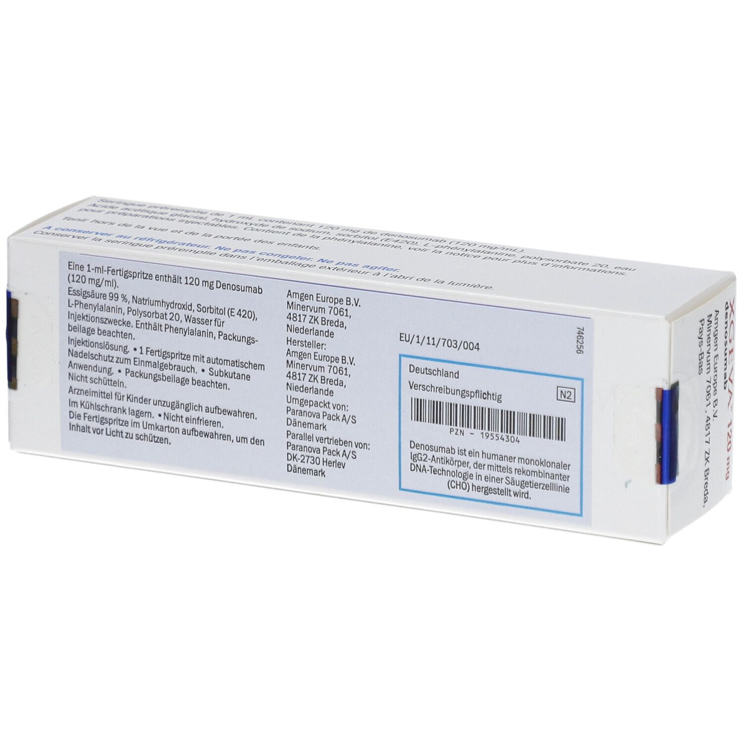 Rückseite einer weißen Schachtel. Text in Deutsch. Enthält Informationen zur Injektionslösung. Hersteller: Amgen. Adresse: Niederlande.