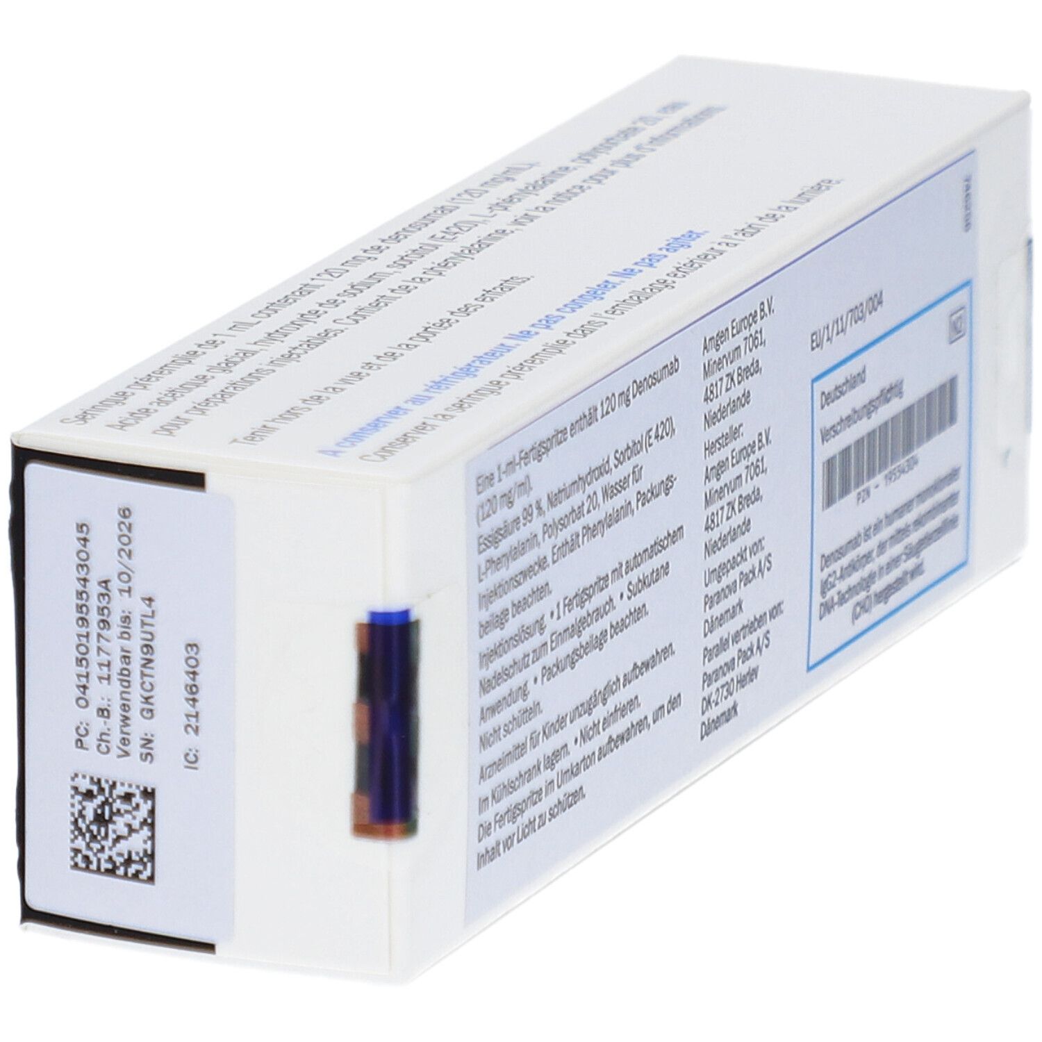 Rückseite einer weißen Schachtel. Text in Deutsch. Enthält Informationen zur Injektionslösung. Verfallsdatum: 10/2026.