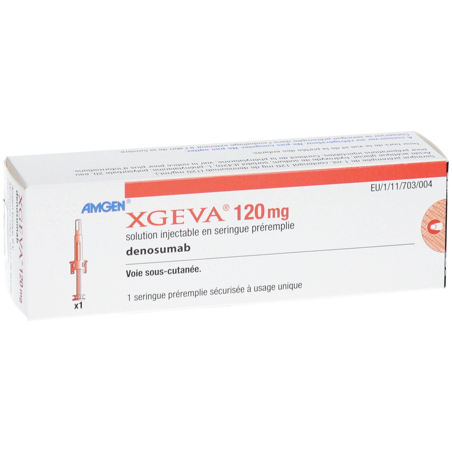 Weiße Schachtel mit roter Schrift. Aufschrift: XGEVA 120 mg, Lösung zur Injektion. Eine Fertigspritze. Hersteller: Amgen.