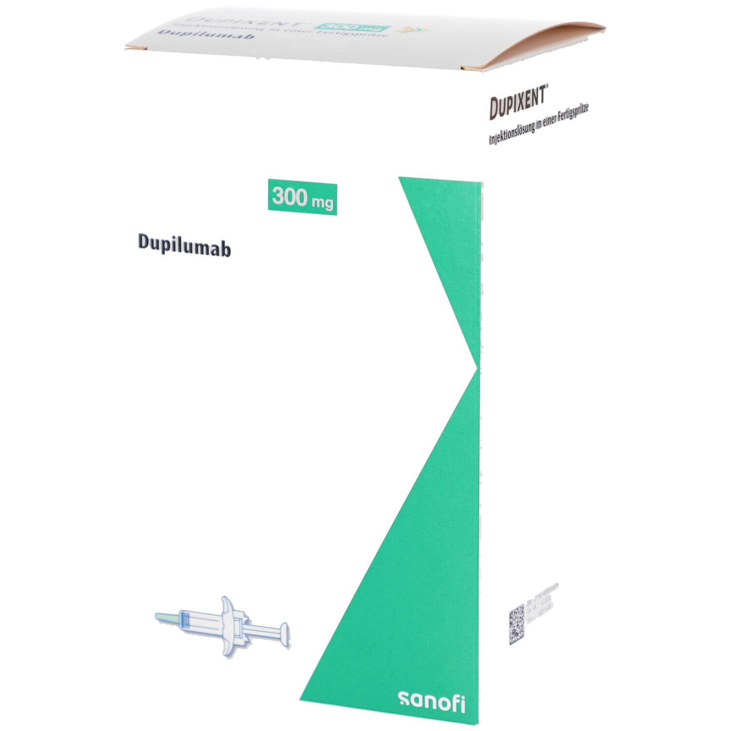 Schachtel mit DUPIXENT 300 mg. Fertigspritze mit Sicherheits-System. Sanofi-Logo. Abbildung einer Spritze.