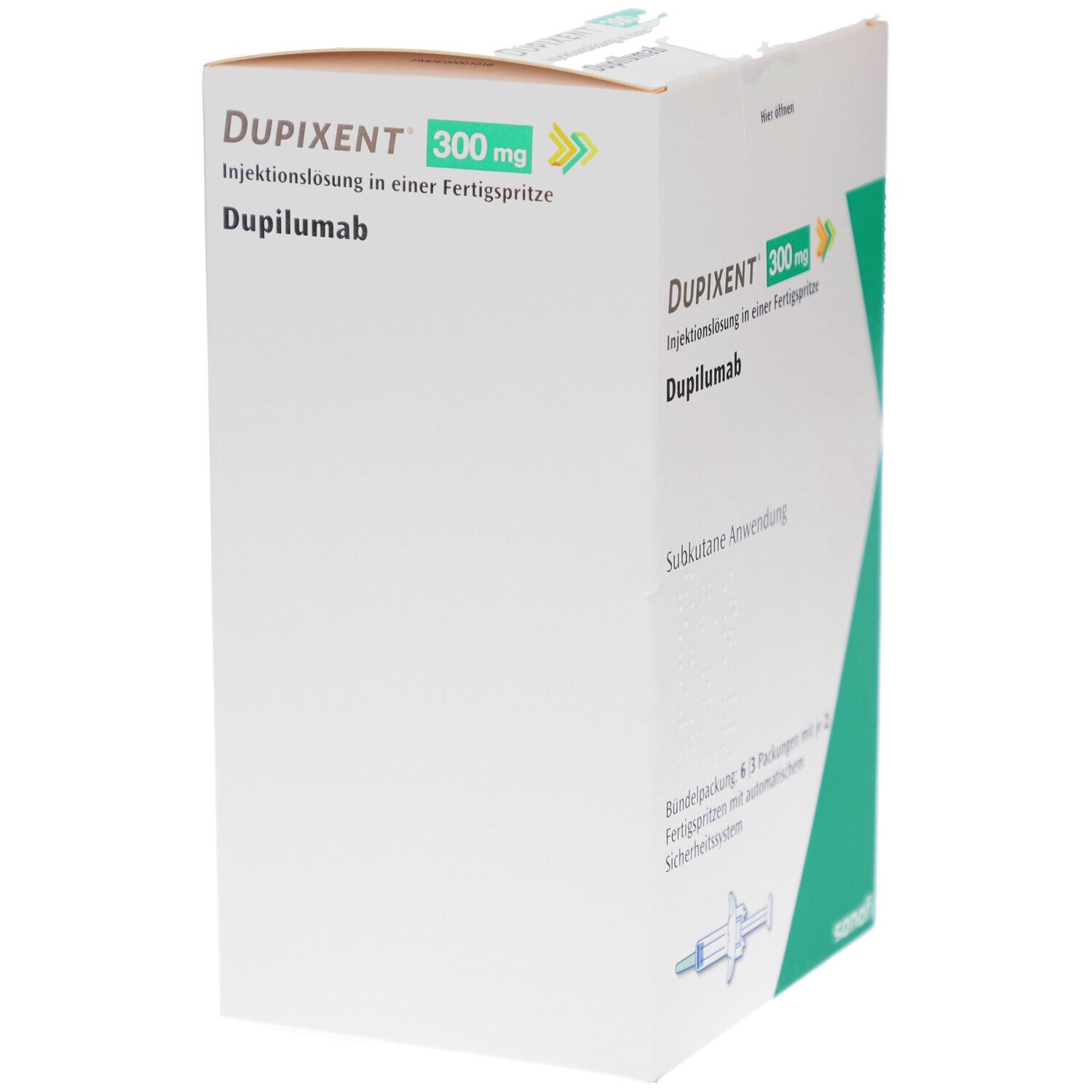 DUPIXENT 300 mg Injektionslösung in Fertigspritze. Dupilumab. Verpackung mit Spritze. Sanofi-Logo.