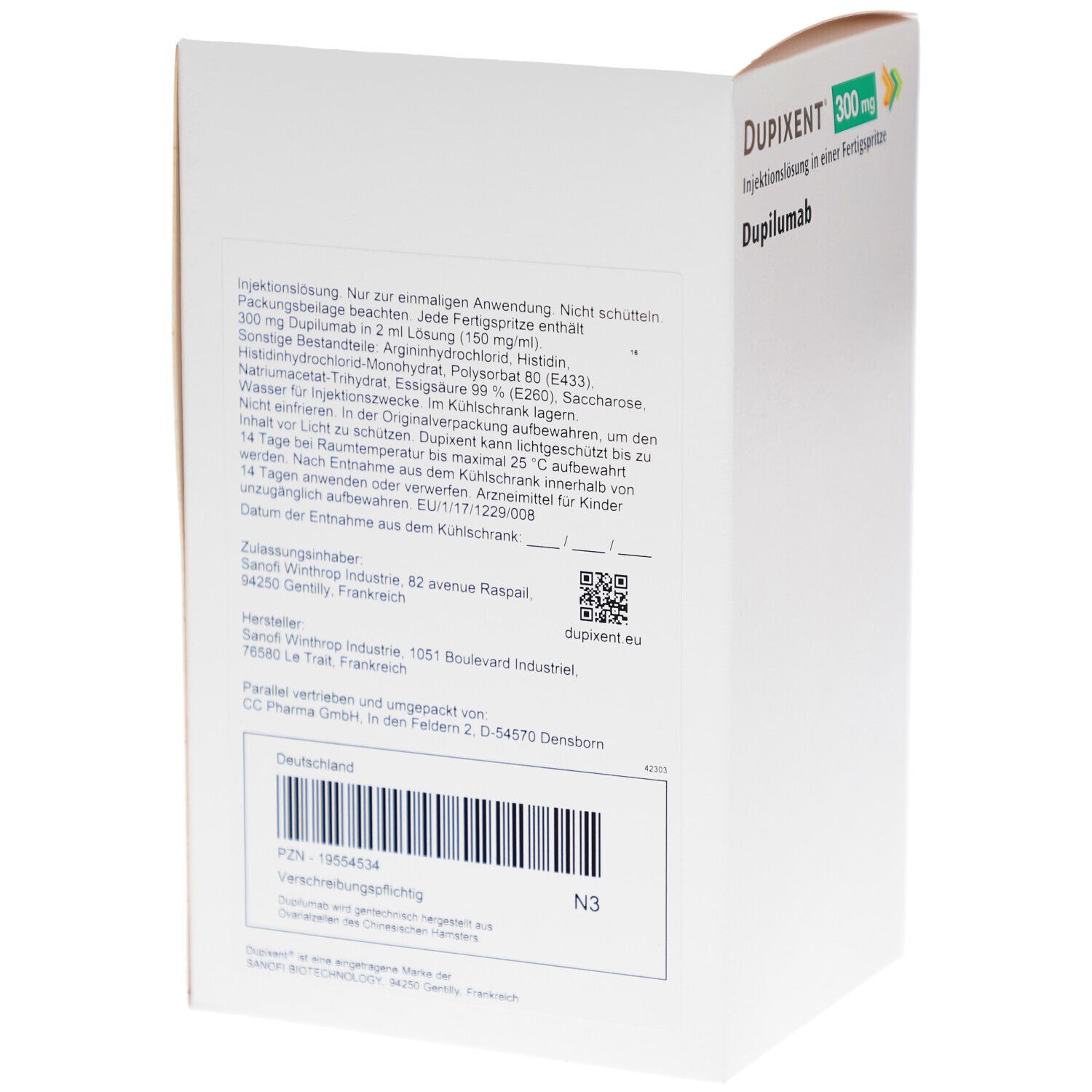 Geöffnete Verpackung mit Text. DUPIXENT 300 mg. Informationen zur Anwendung und Inhaltsstoffen. Barcode und QR-Code.