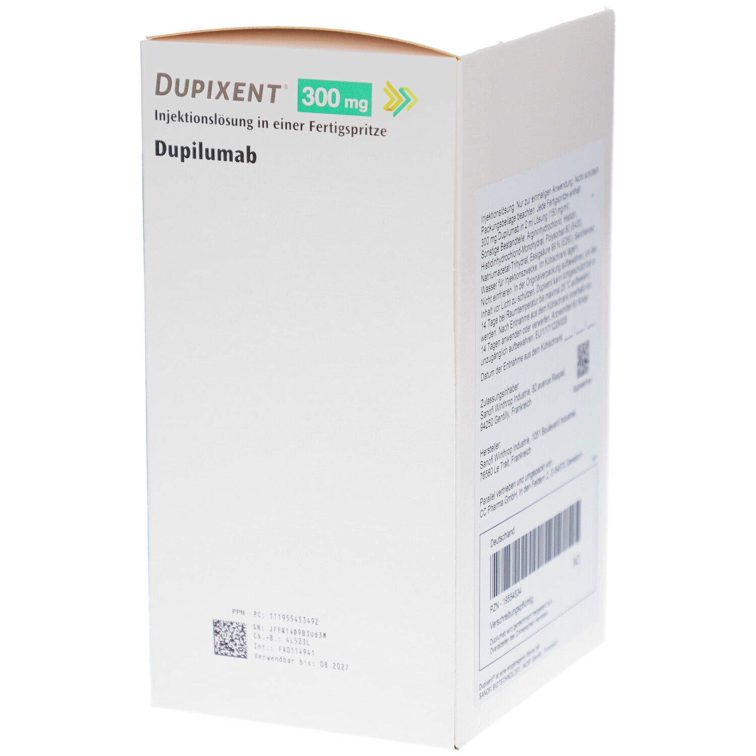 Geöffnete Verpackung mit Text. DUPIXENT 300 mg. Informationen zur Anwendung und Inhaltsstoffen. Barcode.