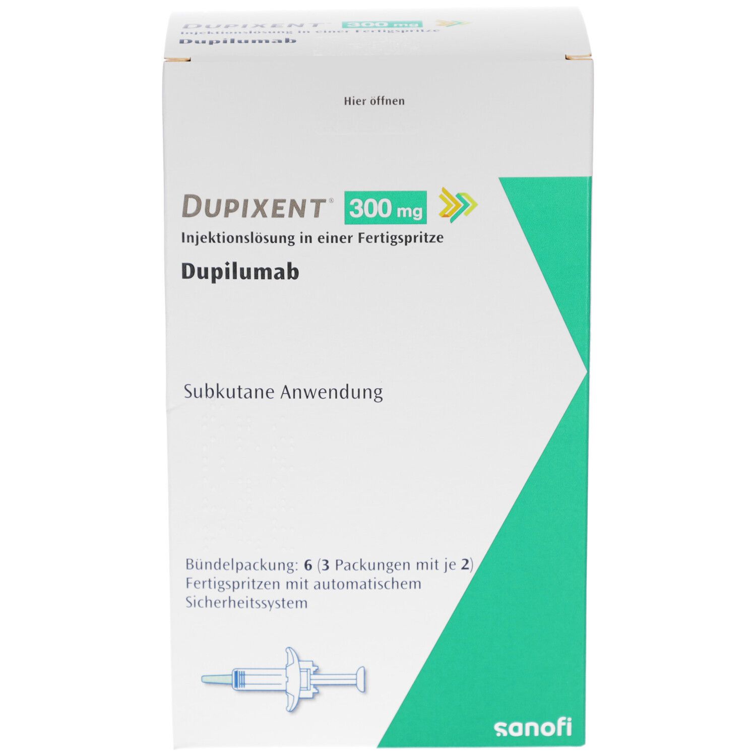 DUPIXENT 300 mg Injektionslösung in Fertigspritze. Subkutane Anwendung. 6 Fertigspritzen mit Sicherheits-System. Sanofi-Logo.