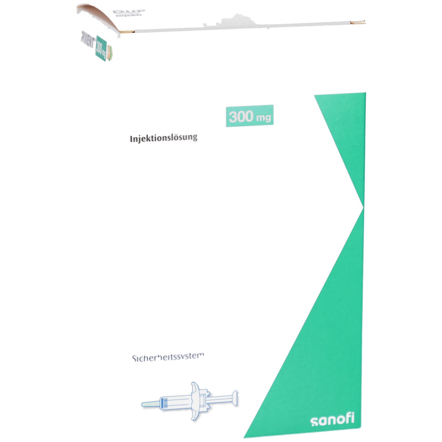 DUPIXENT 300 mg Injektionslösung. Fertigspritze mit Sicherheits-System. Sanofi-Logo. Abbildung einer Spritze.