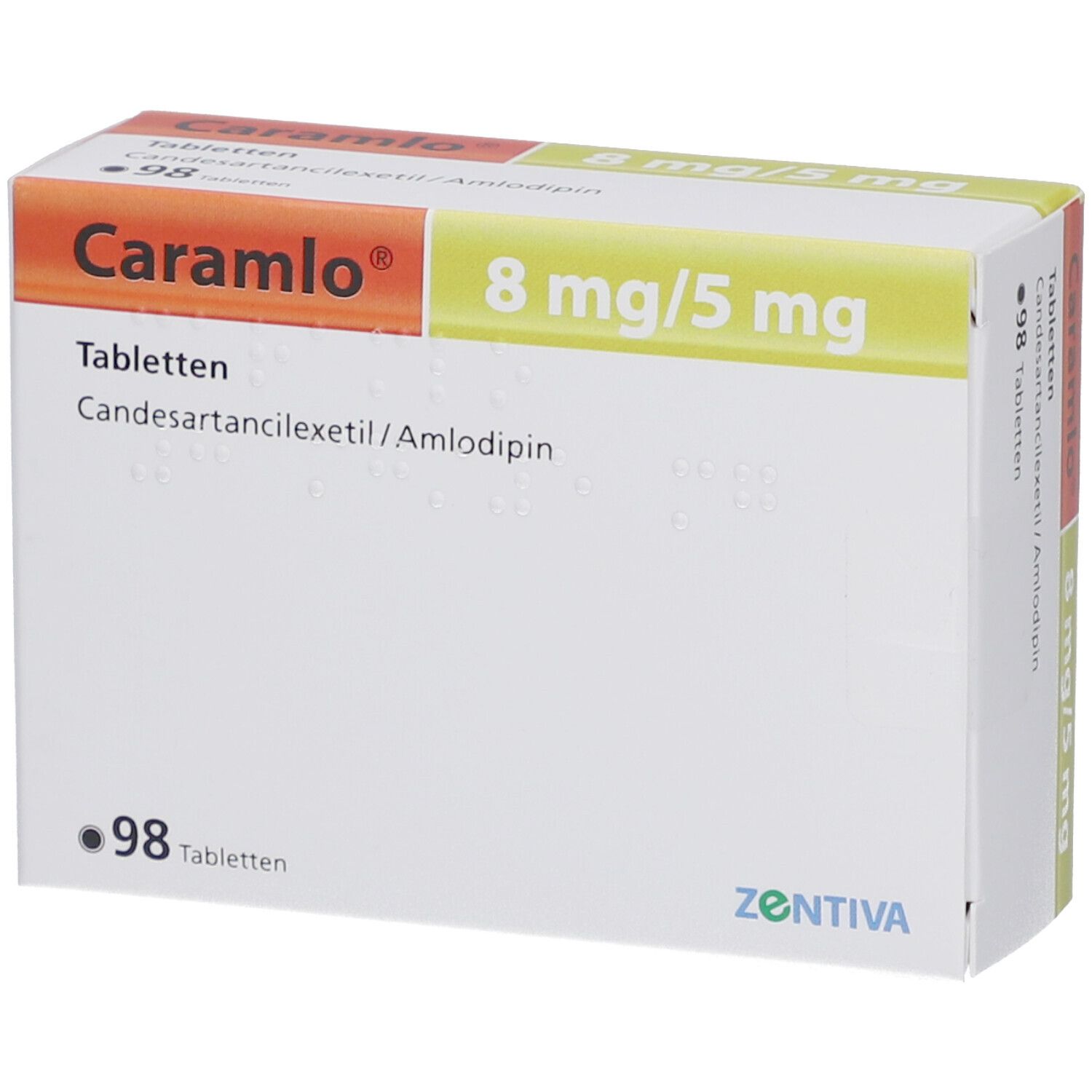 Schachtel mit "Caramlo" Tabletten. Aufschrift: 8 mg/5 mg, 98 Tabletten. Hersteller: Zentiva.