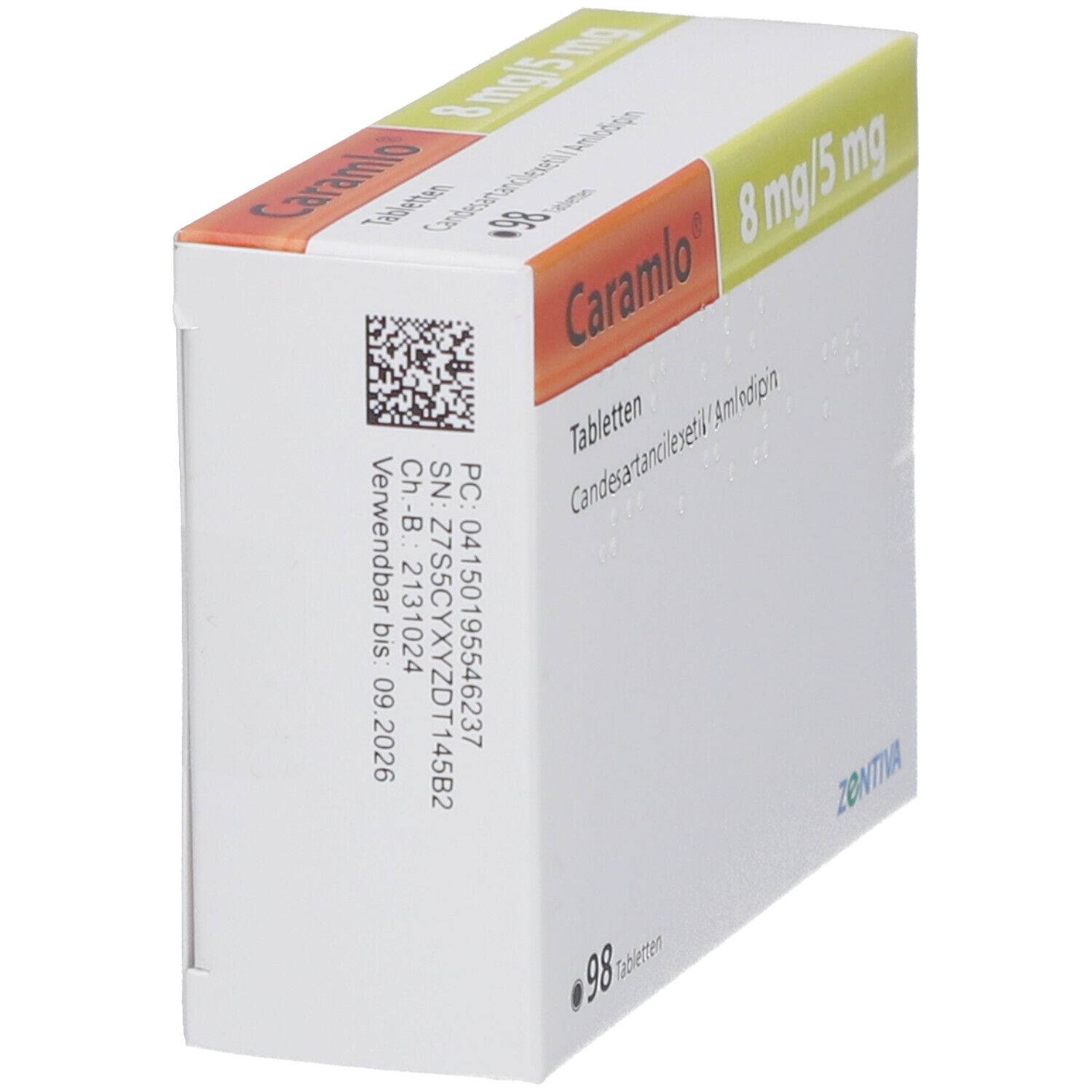 Schachtel "Caramlo" Tabletten. Aufschrift: 8 mg/5 mg, 98 Tabletten. Hersteller: Zentiva. Code und Verfallsdatum.