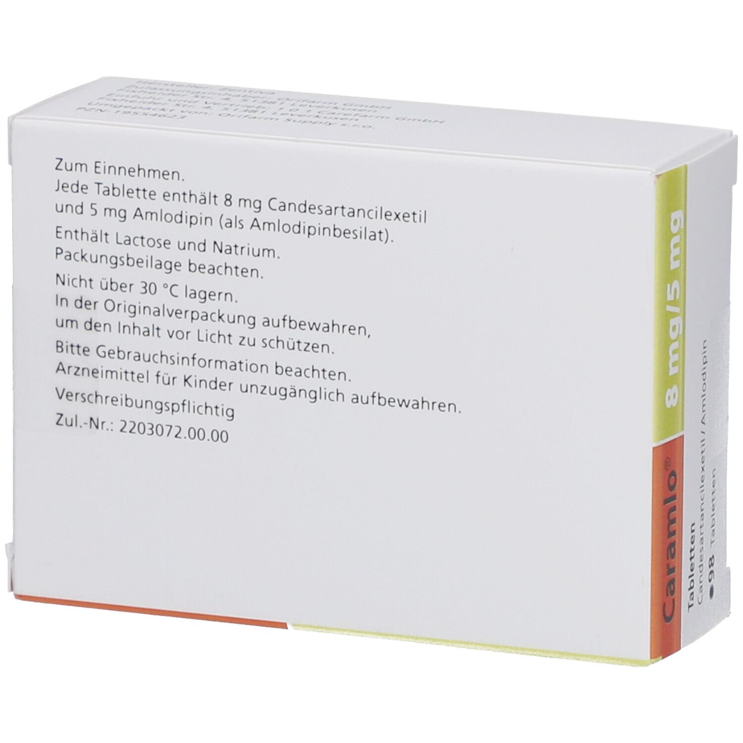 Rückseite der "Caramlo" Tabletten-Schachtel. Text über Inhaltsstoffe, Lagerung und Gebrauchsanweisung.